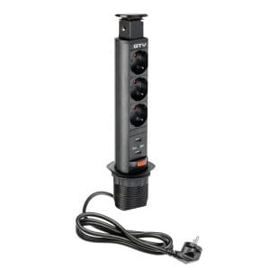 Útdraganleg borðtengieining Ø60 með rafmagni og USB – svört