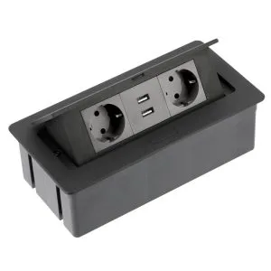 Innfelld borðtengieining með rafmagni og USB – svört